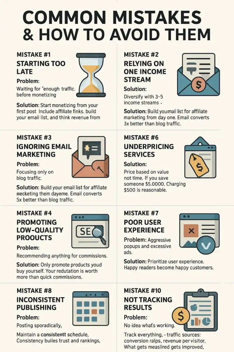 Blog monetization mistakes & solutions: Starting too late, one income stream, ignoring email.